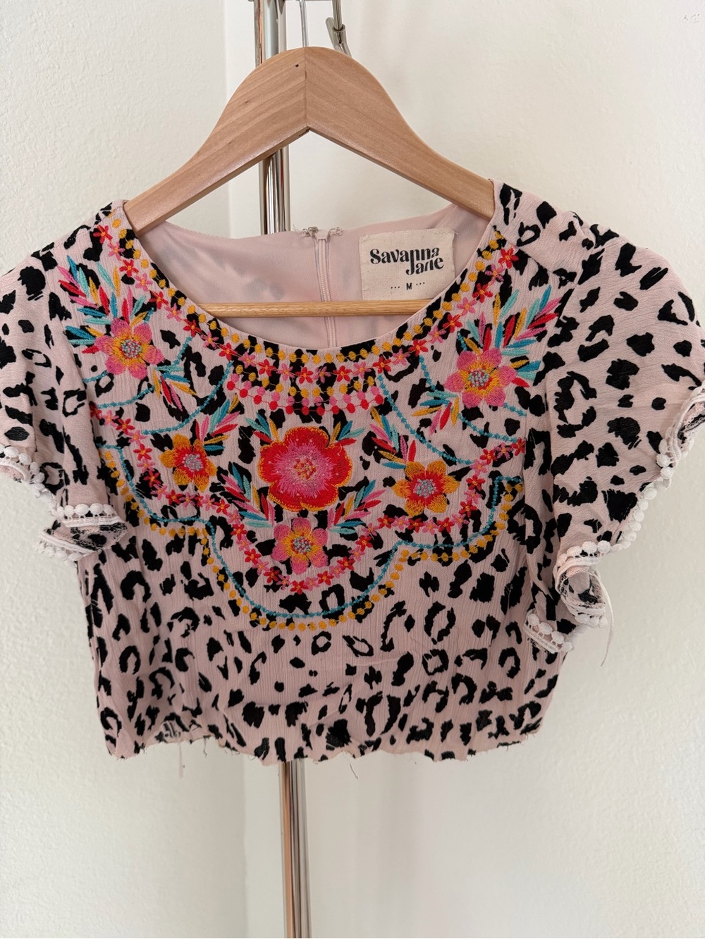 Savanna Jane Blush Pink Embroidered Leopard Crop Top